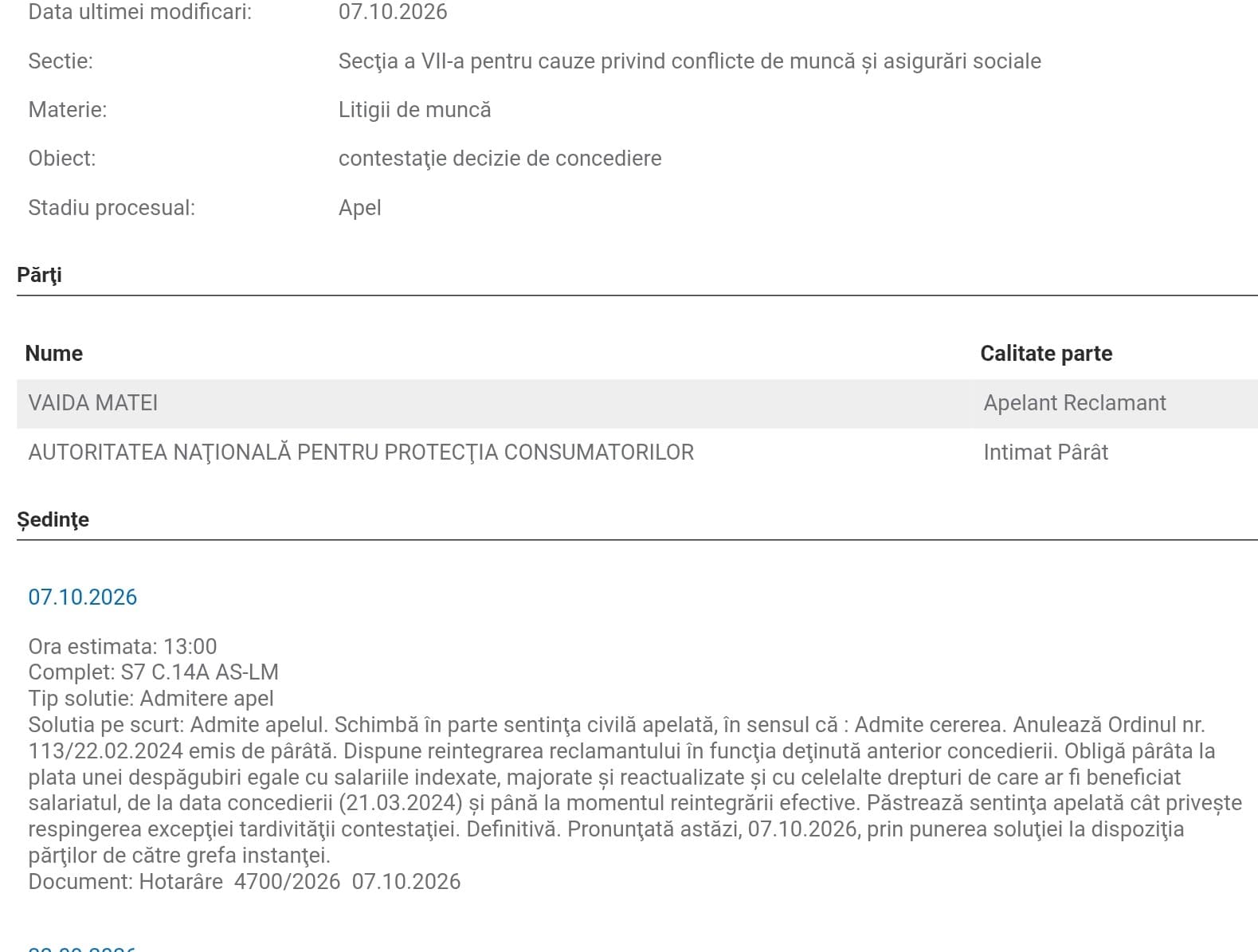 extras decizia din portalul instantelor Vaida